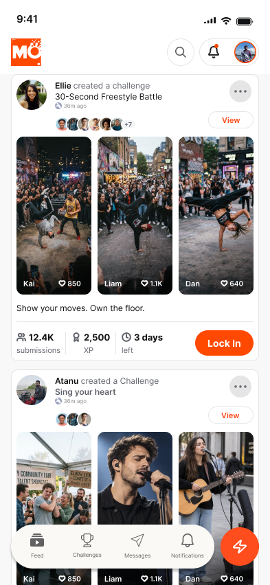 Mobeet feed showing a 30-Second Freestyle Battle with participant entries and challenge stats