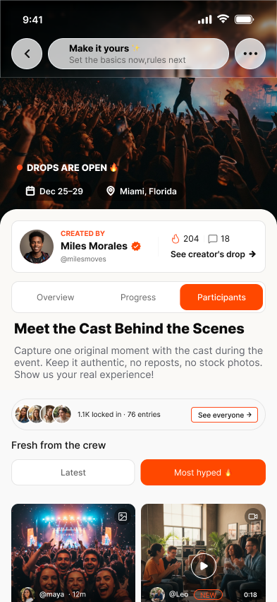 Mobeet challenge detail screen showing a creator, open drop and participant content