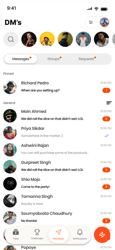 Mobeet direct messages screen with pinned conversations, groups and requests