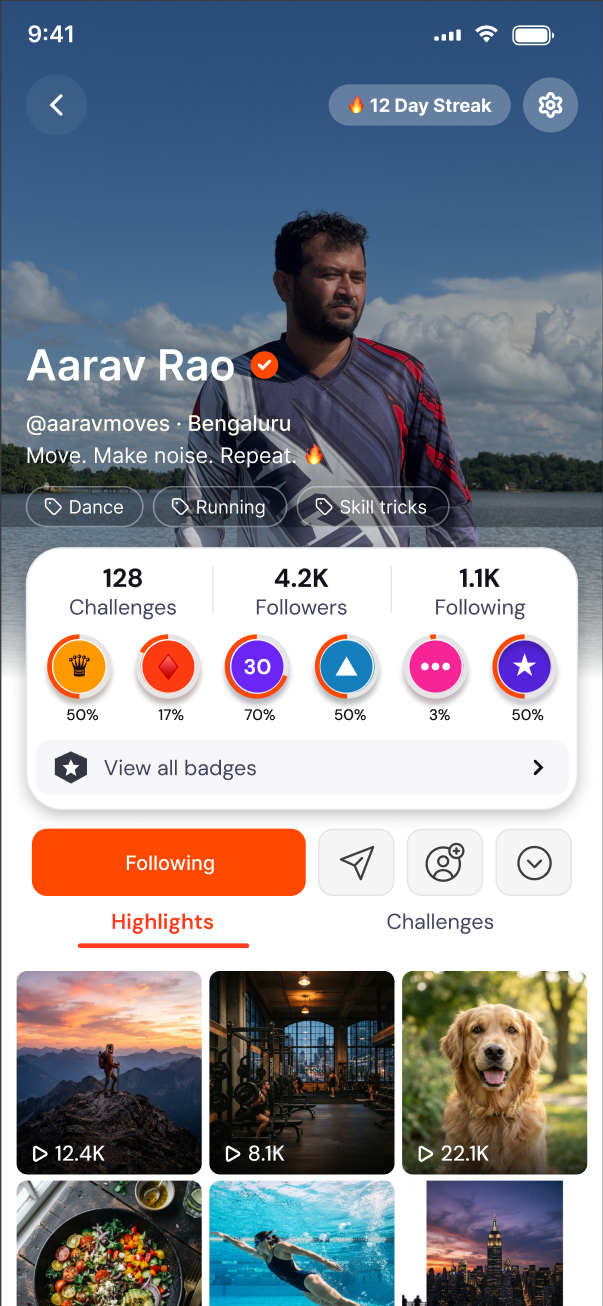 Mobeet profile showing challenges, followers, badges and a grid of shared activity